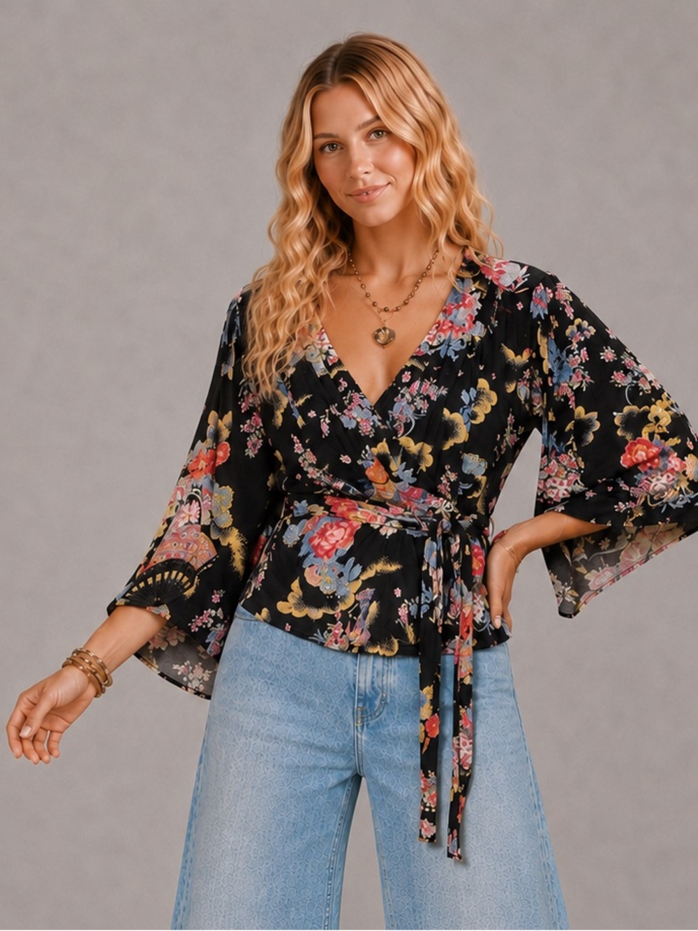 Angie Black Floral Wrap Blouse with Self-Tie Waist - Picture 1 of 1